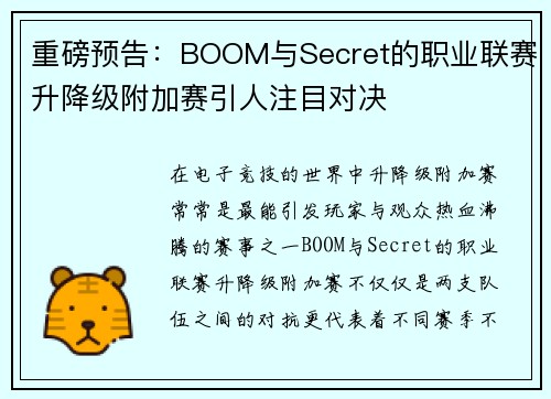 重磅预告：BOOM与Secret的职业联赛升降级附加赛引人注目对决